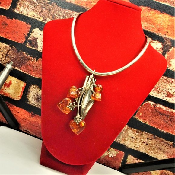 MASSIVE AMBER STERLING PENDANT & BROOCH WITH OMEGA WIRE NECKLACE, RARE JEWELRY - Picture 3 of 16